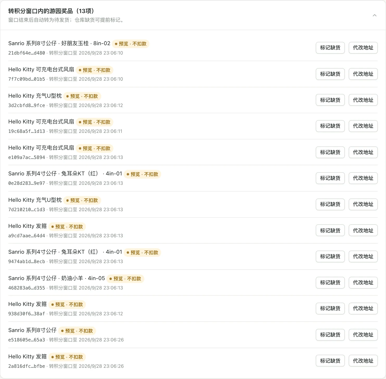转积分窗口内的游园奖品列表